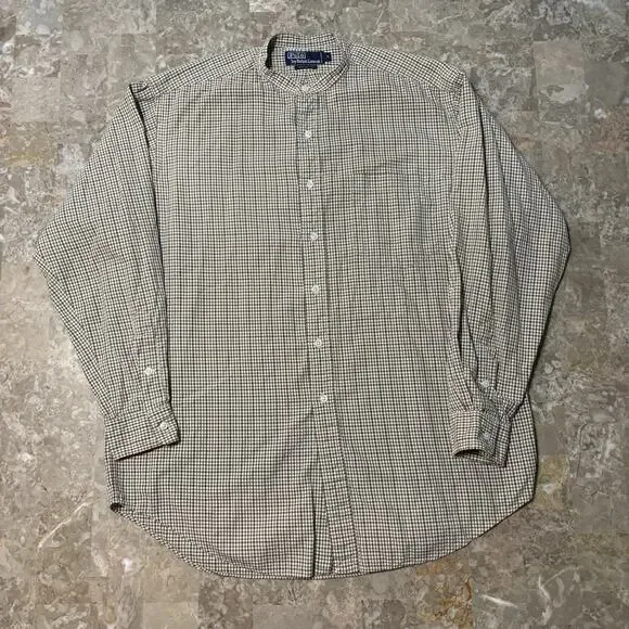 Polo Ralph Lauren Shirt Mens Medium Tan Check Band Collar Grandpa Vintage 90s - Picture 2 of 9